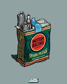 an illustration of a can of spark plugs with the words british racing on it