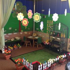 an indoor play area with toys and decorations on the walls for children's birthdays