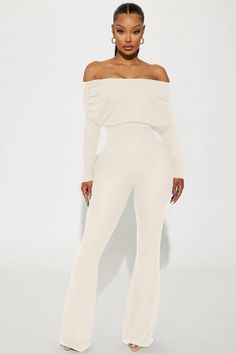 Available In Cream, Black, And Heather Grey. Jumpsuit Off The Shoulder Long Sleeve Ruched Detail Flare Leg Stretch Inseam = 34" 72% Rayon 21% Polyester 7% Spandex Imported | Yasmine Off Shoulder Sweater Jumpsuit in Cream size 1X by Fashion Nova Lounge Jumpsuit, Grey Jumpsuit, Off Shoulder Jumpsuit, Off The Shoulder Long Sleeve, Sweater Jumpsuit, Off Shoulder Sweater, Leg Stretching, Curve Dresses, Matching Dresses