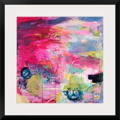 an abstract painting with pink, blue and yellow colors