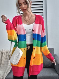 Button Front Drop Shoulder Rainbow Stripe Cardigan | EMERY ROSE Lux Closet, Rainbow Cardigan, Drop Shoulder Cardigan, Loose Cardigan, Cardigan Casual, Long Sleeve Knitted Cardigan, Color Block Cardigan, Áo Len Cardigan, Button Front Cardigan