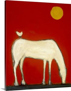 a painting of a white horse standing in front of a red background with the sun behind it