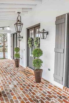 two potted plants are on the front porch