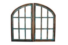 an old wooden window frame with blue paint on it's sides and the top half open