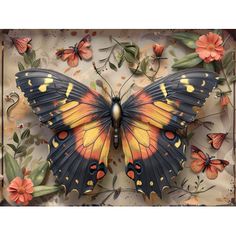 a painting of a butterfly with orange and yellow wings on it's wings, surrounded by flowers