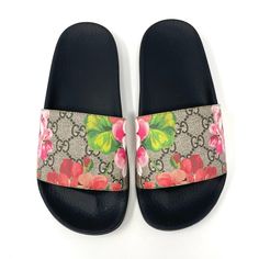 Authentic Gucci Gg Blooms Supreme Floral Slide Flat Sandals. Rubber Footbeds With Pink And Green Flower Detail. Eu 36 Shoes Are Preowned With Some Signs Of Wear/ Dirt To Insoles And Outsoles. Minor Creasing To Uppers. Overall In Great Condition. All Pictures Are Of Actual Shoes. Shipped From A Smoke Free Home. No Dust Bag Or Box, But Stored And Packaged With Care. #98 Gucci Slip-on Sandals, Gucci Floral Slides, Gucci Slip-on Sandals With Rubber Sole, Gucci Cushioned Slip-on Sandals, Luxury Gucci Slip-on Slides, Gucci Shoes, Flat Sandals, Slip On Sandal, Women's Shoes Sandals