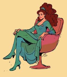 a drawing of a woman sitting in a chair with her legs crossed and long hair pulled back