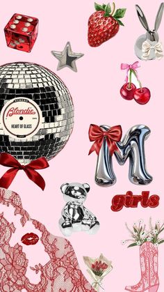 a pink background with many different items on top of it, including a disco ball and letters