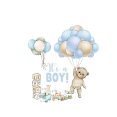 a teddy bear is flying with balloons in the air and it says it's a boy