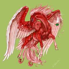 a drawing of a red horse with wings on it's back, and a green background