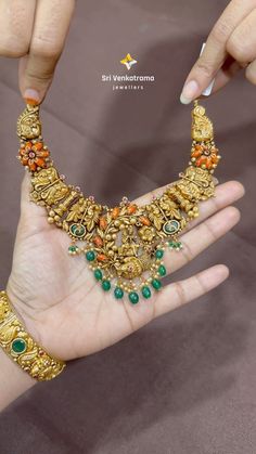 Gold Nakshi Work Necklace Set From 'Sri Venkatrama Jewellers' • South India Jewels Nakshi Necklace Designs, Necklace Gold Indian, Nakshi Necklace, Antique Pearl Necklace, Antique Necklace Gold, Work Necklaces, Pearl Necklace Set, Gold Jewelry Simple, Jewelry Simple