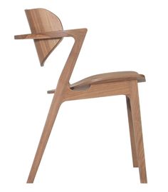 a wooden chair that is sitting on a white surface with the seat folded back and arm extended