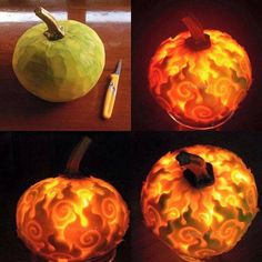 four different pictures of pumpkins with flames in the shape of swirls on them