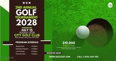 an event poster for the 2nd annual golf tournament on july 15, with two white balls