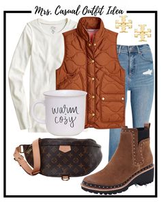 Mrs Casual, Louis Vuitton Fanny Pack, Vest Jeans, Casual Outfit Ideas, Jeans Brown, Brown Booties, Cute Fall Outfits, Quilted Vest, Vest Outfits