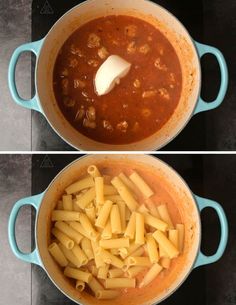 two pictures showing the same pot with pasta and sauce in it