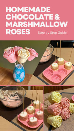 Homemade Chocolate & Marshmallow Roses Recipe Marshmallow Diy Crafts, Ways To Use Marshmallows, Marshmallow Treats On A Stick, Marshmallow Bouquet Diy, Chocolate Silicone Molds Recipes, Marshmallow Decoration Ideas, Marshmallow Business, Silicone Mold Desserts, Chocolate Molds Ideas