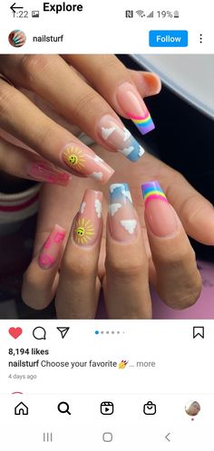 Rainbow And Clouds Nails, Rainbow And Cloud Nails, Rainbow Blooming Gel Nails, Nails Arcoiris, Simples Nails, Kids Nail Designs, Crazy Nail Art, Y2k Nails