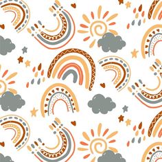 a pattern with rainbows, clouds and stars on a white background for wallpaper