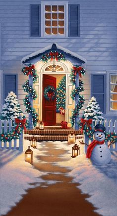 a painting of a snowman in front of a house decorated with christmas wreaths