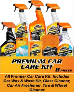 car care kit with all wax and wash, glass cleaner, air freshener, tire & wheel cleaner