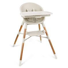 a high chair with two wooden legs and a white tray on top of the seat