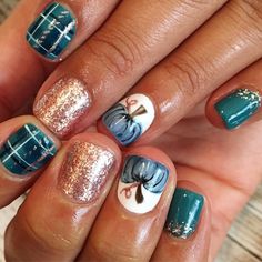 Blue Pumpkin Nail Art, Fall Themed Toenails, Teal Pumpkin Nails, Plaid Pumpkin Nails, Turquoise Fall Nails, Blue Pumpkin Nails, Fall Cruise Nails, Trendy Nails For Fall, Fall Nail Looks