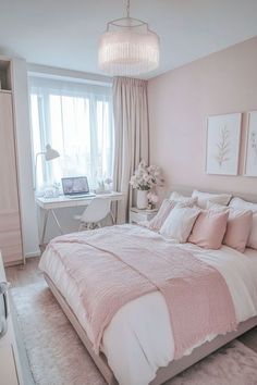 a white and pink bedroom with a bed, desk, chair and computer on it