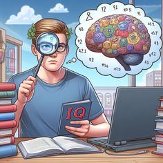 a man is looking at a laptop with a brain on the screen and holding a magnifying glass in front of his face