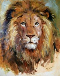 a painting of a lion with blue eyes