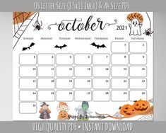 a printable halloween calendar with pumpkins, bats and witches on the front page