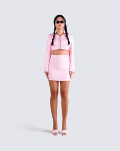 The perfect matching set for when you're feeling a little extra sweet 💕 Featuring a pink heart button jacket, paired with a high waist mini skirt - this look will make it impossible for everyone not to fall in love with you 😌 Chic Pink Long Sleeve Sets, Pink Long Sleeve Sets For Day Out, Feminine Pink Skirt For Night Out, Pink Long Sleeve Sets For Night Out, Feminine Fitted Sets With Mini Length, Chic Pink Mini Skirt, Chic Pink Set For Day Out, Chic Pink Sets For Day Out, Feminine Pink Outerwear For Party