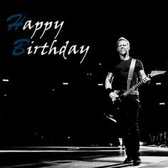 a black and white photo of a man playing an electric guitar with the words happy birthday on it