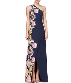 Kay Unger Stretch Crepe Floral Border Print One Shoulder Sleeveless Gown | Dillard's Mog Dresses, Dresses Long Elegant, Kay Unger Dresses, Derby Fashion, Formal Wedding Guest Dress, Mother Of The Bride Dresses Long, Quince Dress, Kay Unger, Sleeveless Gown