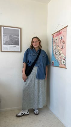 Denim Shirt Plus Size Outfit, Copenhagen Style Mid Size, Skirt Outfits 2024 Summer, Tshirt On Top Of Dress Outfit, 2024 Plus Size Spring Outfits, Adidas Samba Outfit Plus Size, Denim Shirt With Skirt, Mid Size Skirt Outfit, Maxi Skirt Outfit Plus Size