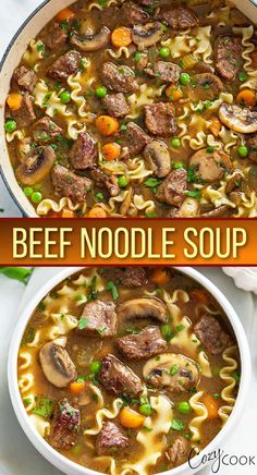 beef noodle soup with carrots and mushrooms in a white bowl