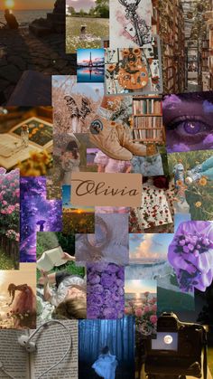 the collage shows many different pictures and words in purple, blue, green, white