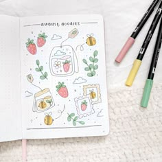 Senior Year Doodles, Doodles Cottagecore, Doodle On Photo Ideas, Bujo First Page Ideas, Month Doodles, August Doodles, Drawing Cottagecore, Bee Drawings, August Bujo