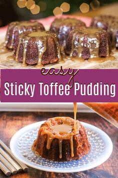 sticky toffe pudding with caramel drizzle on top and the words easy sticky toffe pudding above it