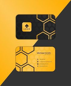 a business card designed to look like hexagonal honeycombs on yellow and black