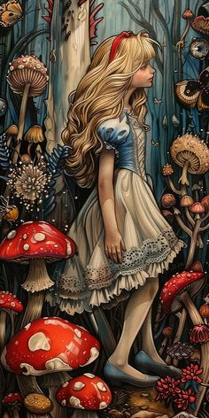 a painting of a girl walking through a forest with mushrooms and mushrooms on the ground