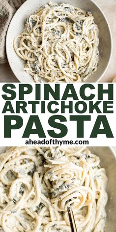 spinach artichoke pasta in a white bowl with a spoon on the side