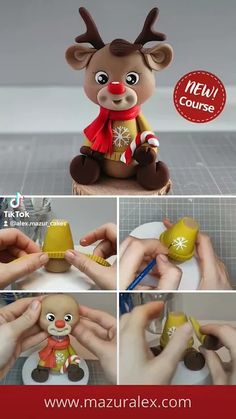 the instructions for making a reindeer ornament are shown in several different pictures, including hands and fingers