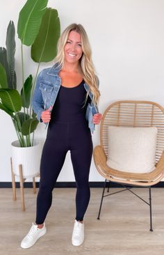 The Juniper Jumpsuit is the perfect choice for running errands, going for a walk or lounging around the house! Plus, it come in two colors, black and green! Crafted in a comfortable stretchy material, adjustable straps and removable pads. Style with sneakers for a fun look! 80% Recycle Polyester, 20% Spandex Runs true to size, model wearing size Small Fabric has stretch Lightweight Pockets Removable pads Adjustable straps Inseam: 26" Patterns may vary Colors may vary from different viewing devic Sport Jumpsuit Outfit, Workout Jumpsuit Outfit, Black Jumpsuit Outfit Casual, Long Jumpsuit Outfit, Full Bodysuit Outfit, Black Full Bodysuit, How To Style Jumpsuit, Romper Outfit Ideas, Style With Sneakers