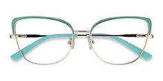 Aqua Gold horn eyeglasses available in variety of colors to match any outfit. These stylish full-rim, large sized metal eyeglasses include free single-vision prescription lenses, a case and a cleaning cloth. Wire Rimmed Glasses, Body References, Metal Frame Glasses, Metal Eyeglasses, Gold Horns, Gold Glasses, Discover Your Style, Eyeglasses Frames For Women, Blue Glasses