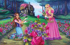 two girls are in the garden with flowers