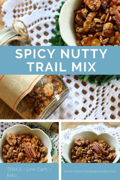 the recipe for spicy nutty trail mix is shown in three different pictures and includes nuts