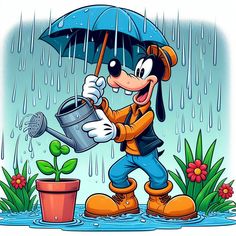 a cartoon mickey mouse holding an umbrella and watering the plants in the rain while wearing rubber boots