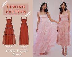 Ruffle Tiered Dress Sewing Pattern in 3 Lengths (Mini, Midi, Maxi) - US Size 00-14 Diy Bridesmaid Dress Pattern, Sewing Dress Patterns, Sewing Patterns Dress, Long Dress Sewing Patterns, Evening Dress Sewing Patterns, Wedding Dress Sewing Patterns, Ruffle Tiered Dress, Beginner Sewing Patterns