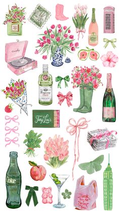 a bunch of different items that are on a white surface with pink flowers and green leaves